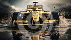 Yellow formula 1 race car racing on the water. Generative AI