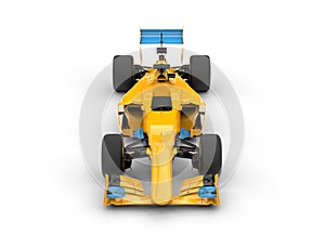 Yellow formula one car with blue tail wing - top front view