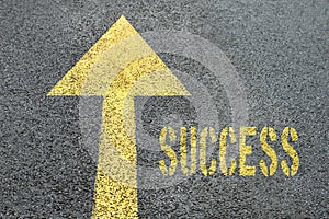 Yellow forward road sign with Success word on the asphalt road.