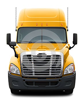 Yellow Freightliner Cascadia truck with black plastic bumper.