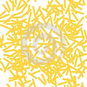 Yellow French Fries Pattern. Fry Potato Chips on White Background. Slices of Tasty Vegetable. Fast Food Snack.