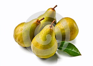 Yellow fresh ripe pears on white background.Macro.AI Generative