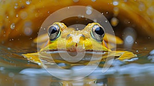 A yellow frog with big eyes is swimming in water, AI