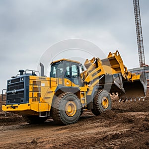 Yellow front-end loader at a construction site under a cloudy sky