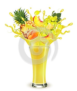 Yellow fruit juice splash. Whole and sliced pineapple, mango, peach and grape  in a sweet yellow juice