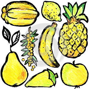 Yellow fruits and vegetables. Watercolor hand drawn fruits and vegetables.