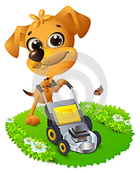 Yellow fun dog mowing lawn