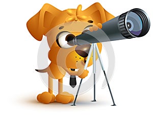 Yellow fun dog teacher looking through telescope. Astronomy lesson