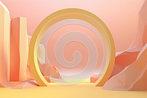Yellow futuristic round arch on the pastel orange landscape background. Atmospheric escapism installation for showcase and display
