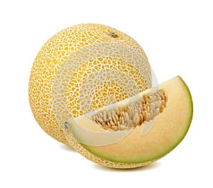 Yellow galia melon piece isolated on white background