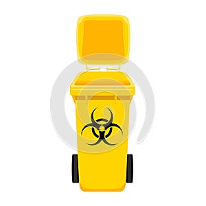 Yellow garbage basket and container with biohazard symbol.