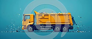 Yellow Garbage Truck on Blue, Symbol of Urban Cleanup. Concept Cityscape, Waste Management, Urban