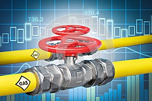 Yellow gas pipes with valves on stock market background.