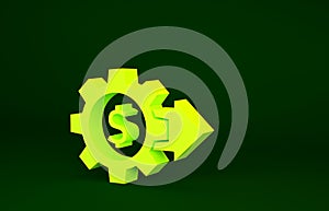 Yellow Gear with dollar symbol icon isolated on green background. Business and finance conceptual icon. Minimalism