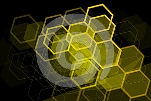 Yellow geometric hexagons elements on black background