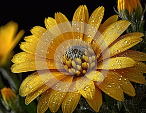 Yellow gerbera daisy flower with water drops on petals