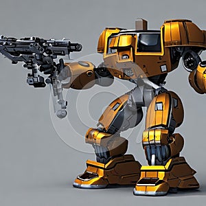 A yellow giant robot brandishing guns by Generative AI
