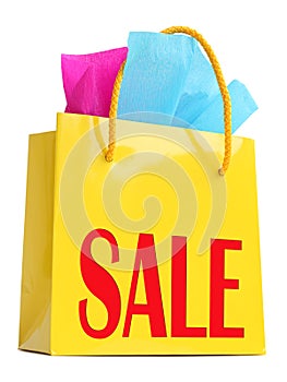 Yellow gift bag with red SALE superscription photo