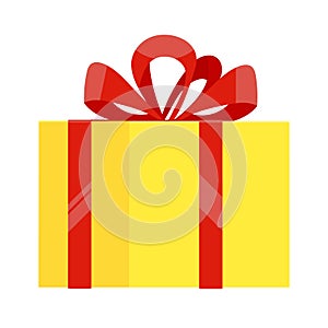 Yellow gift box with big ribbon and bow on it