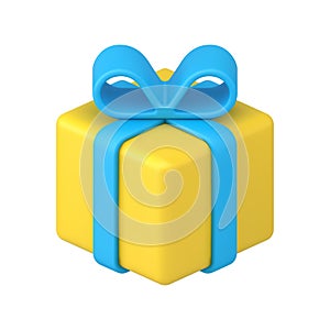 Yellow gift box with blue bow ribbon 3d icon vector illustration. Isometric present surprise