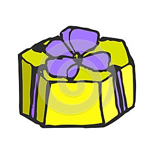 Yellow gift box with a bow. doodle hand draw. Vector illustration on isolated background.