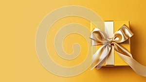 Yellow Gift Box With Golden Bow On Minimalist Background