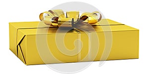 Yellow gift box with golden ribbon isolated on whi