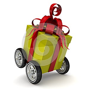 Yellow gift box on wheels