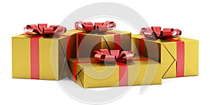 Yellow gift boxes with red ribbons isolated on white