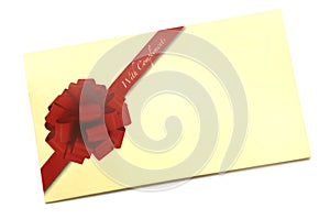 A yellow gift envelope with red ribbon