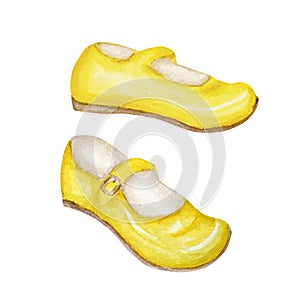 Yellow girl shoes for children, smart kids fashion shoes collection. Hand painted watercolor illustration