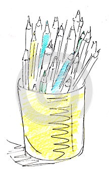 A yellow glass full of colored pencils. Hand drawn quick sketch