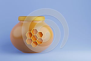 Yellow glass honey jar with honeycomb and lid, 3d illustration