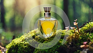 Yellow glass perfume bottle on top of moss in forest. Luxury fragrance. Mock-up