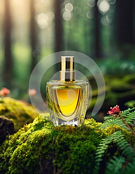 Yellow glass perfume bottle on top of moss in forest. Luxury fragrance. Mock-up