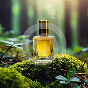 Yellow glass perfume bottle on top of moss in forest. Luxury fragrance. Mock-up