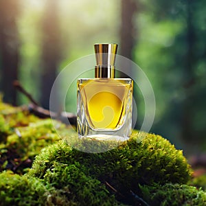 Yellow glass perfume bottle on top of moss in forest. Luxury fragrance. Mock-up