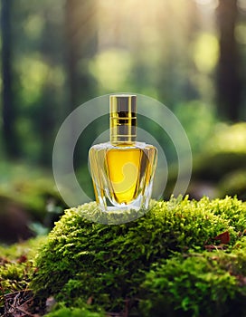 Yellow glass perfume bottle on top of moss in forest. Luxury fragrance. Mock-up