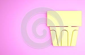 Yellow Glass with water icon isolated on pink background. Soda drink glass. Fresh cold beverage symbol. Minimalism