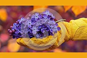 Yellow glove grasps purple flowers in a vibrant bouquet