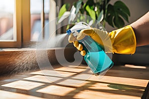 Yellow gloved hand spraying blue bottle on wooden surface with sunlight and plant background