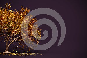 Yellow glowing autumn tree with falling leaves on purple background with copy space