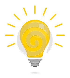 Yellow glowing light bulb. Symbol of energy, solution, thinking and idea. Flat style icon for web and mobile app. Vector photo