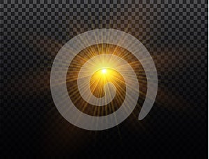 Yellow glowing light burst explosion on transparent background. Vector illustration light effect decoration with ray