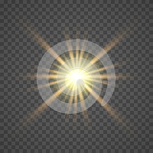 The yellow glowing light explodes with a blast with a transparent one. Vector illustration for perfect effect with sparkles.