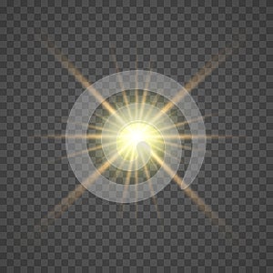 The yellow glowing light explodes with a blast with a transparent one. Vector illustration for perfect effect with sparkles.