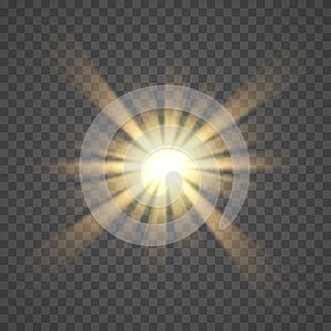 The yellow glowing light explodes with a blast with a transparent one. Vector illustration for perfect effect with sparkles.