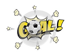 Yellow goal word with football ball in cartoon, manga or comic book style. Soccer match vector illustration