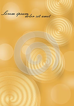 Yellow and gold abstract background with spiral elements and bokeh blurry lights. Background for luxury invitation