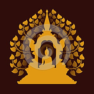 Yellow gold buddha Meditate in the dome and Bodhi tree background vector design